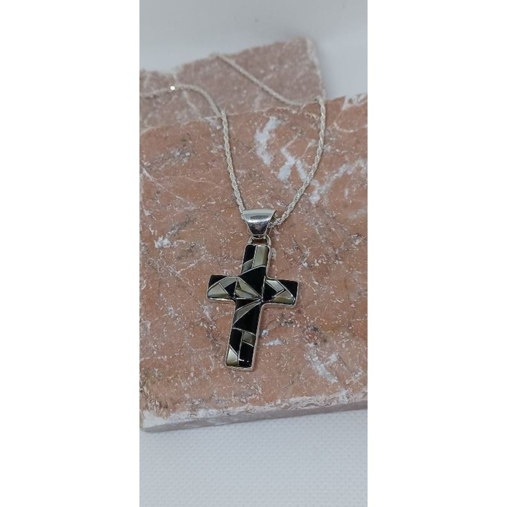 Solid Sterling + Gemstone Believe In Me Cross Pendant Necklace - Black Onyx 18"